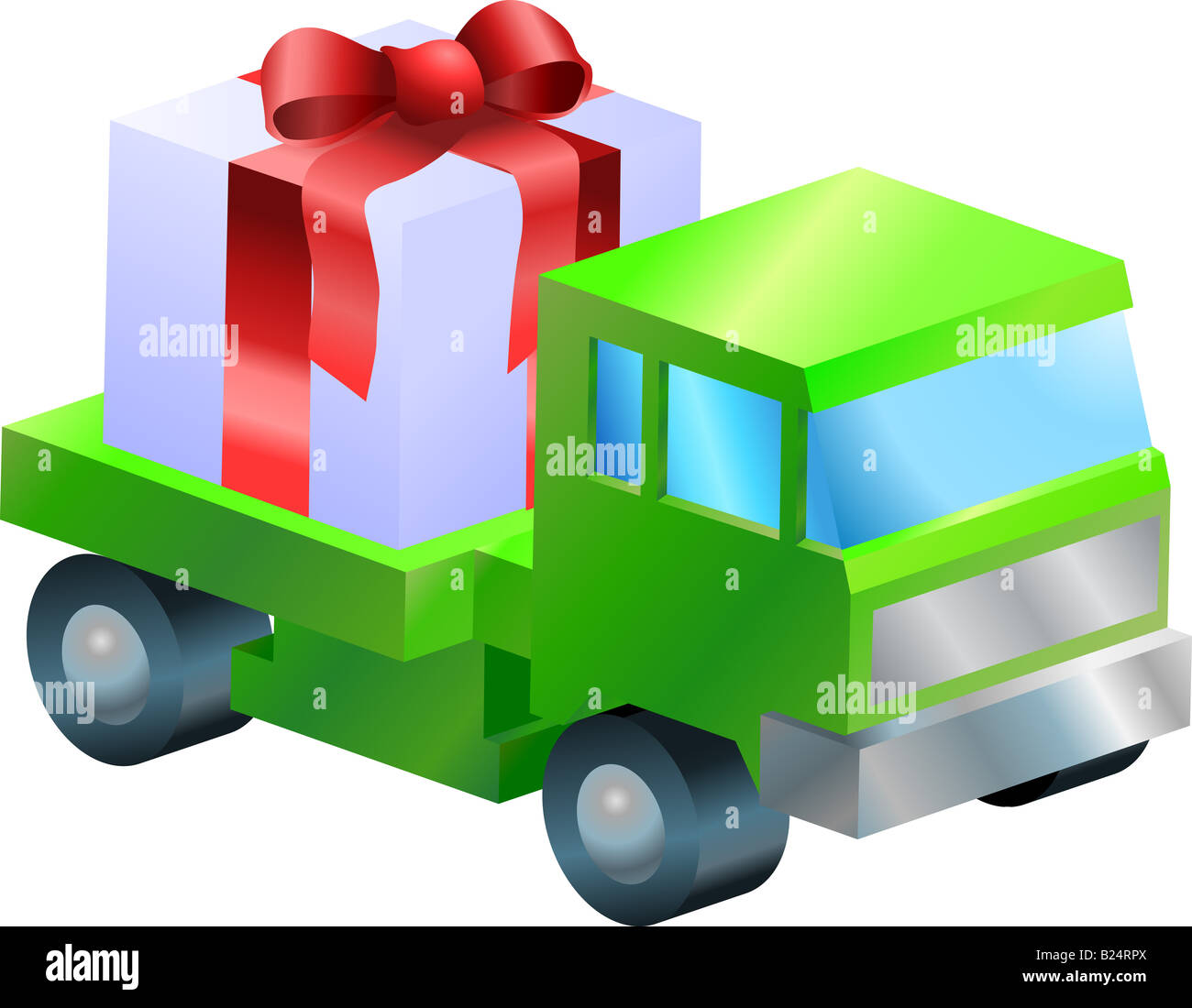gift delivery illustration. A truck or lorry carrying a nicely wrapped