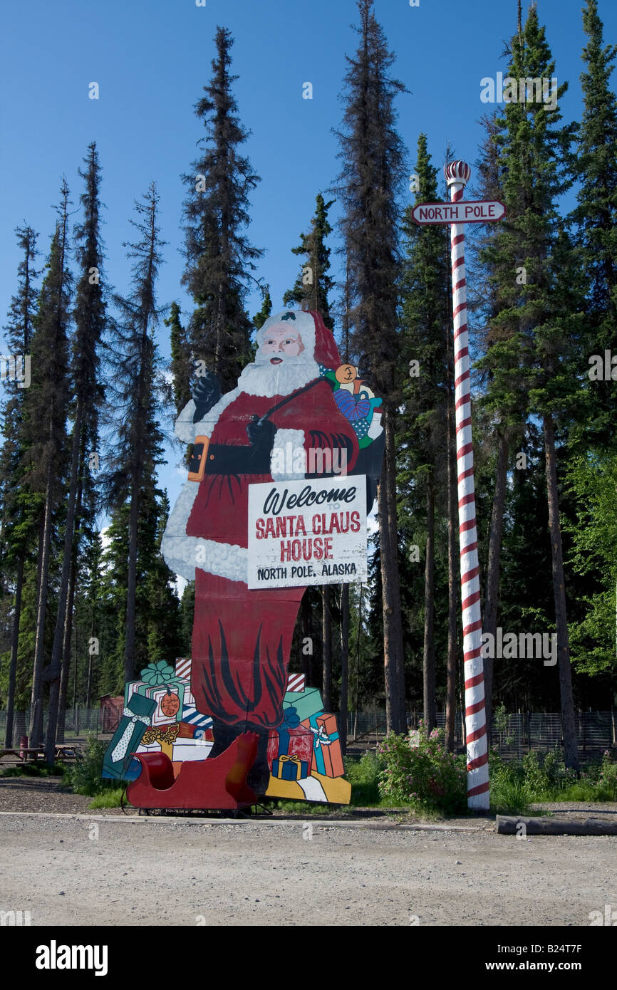 Statue of Father Christmas / Santa Claus besides his 'home' in North Pole, Alaska. Stock Photo
