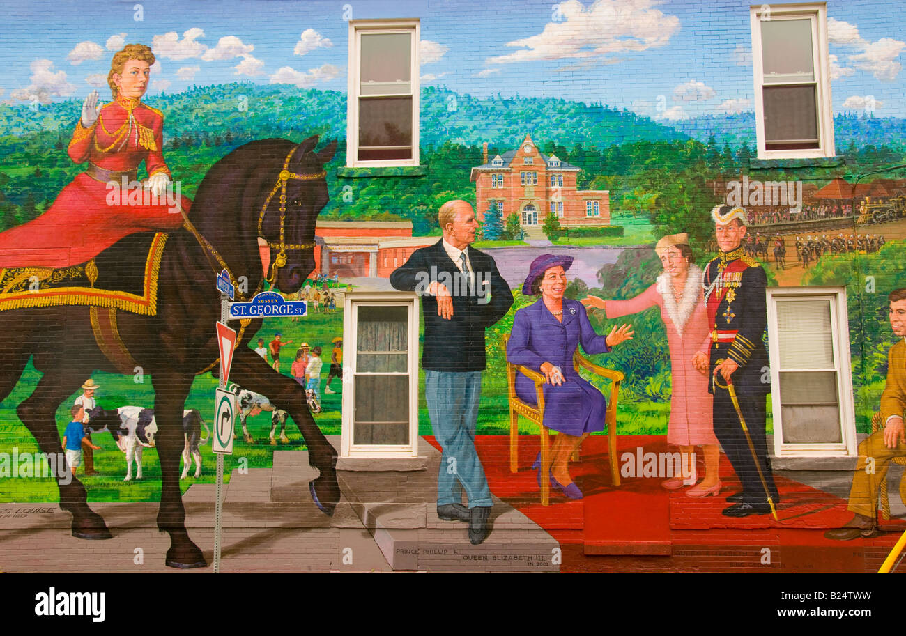 Canada New Brunswick Village of Sussex Mural Capitol of Atlantic Canada Colorful Artist Mural called Royal Visits Stock Photo