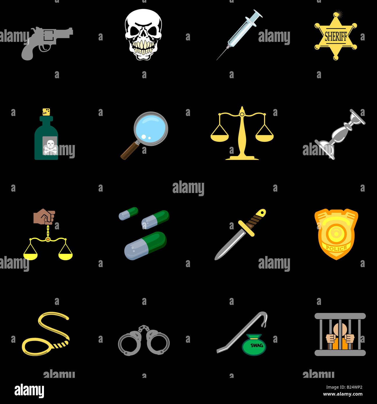 a series of design elements or icons relating to law, order, police and crime. Stock Photo