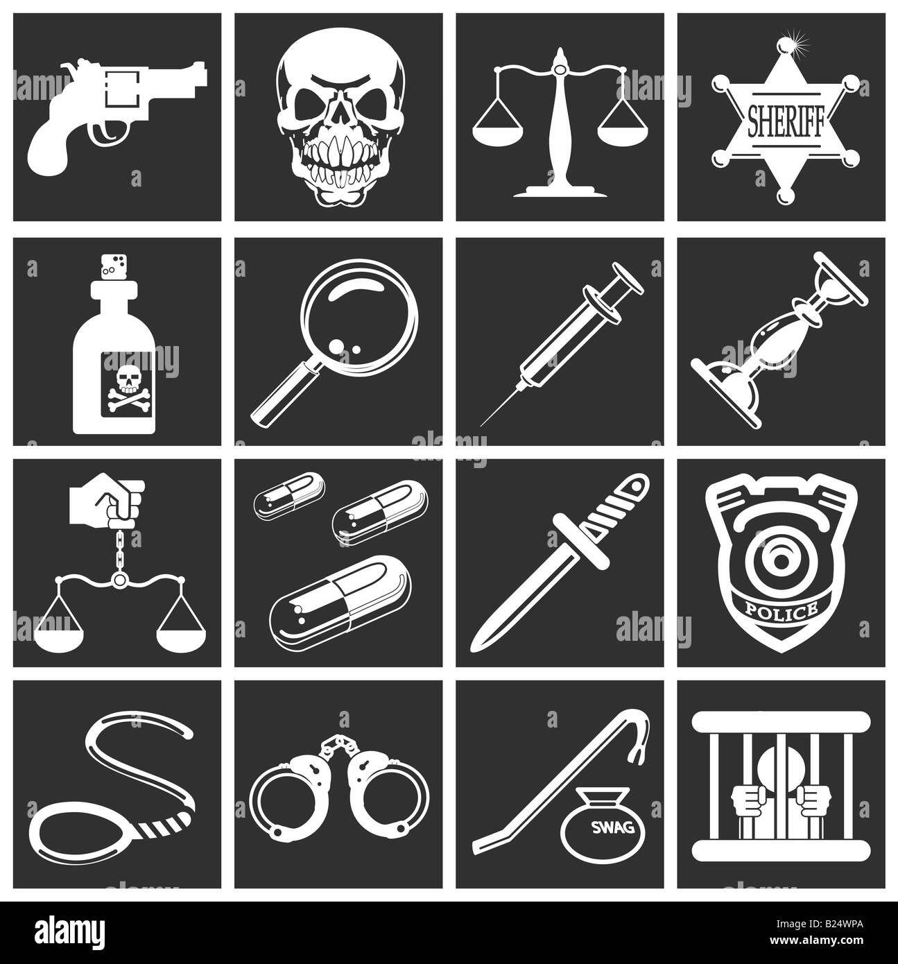 a series of design elements or icons relating to law, order, police and crime Stock Photo