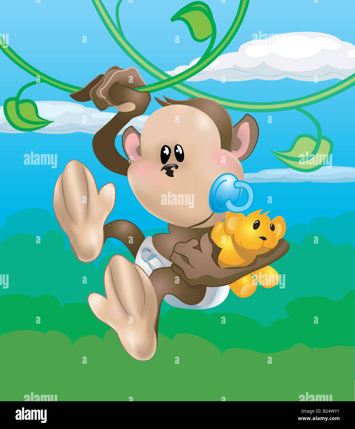 A cute baby monkey swinging through the trees Stock Photo