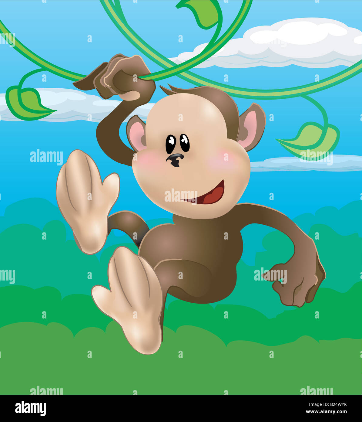 A cute monkey swinging through the trees Stock Photo