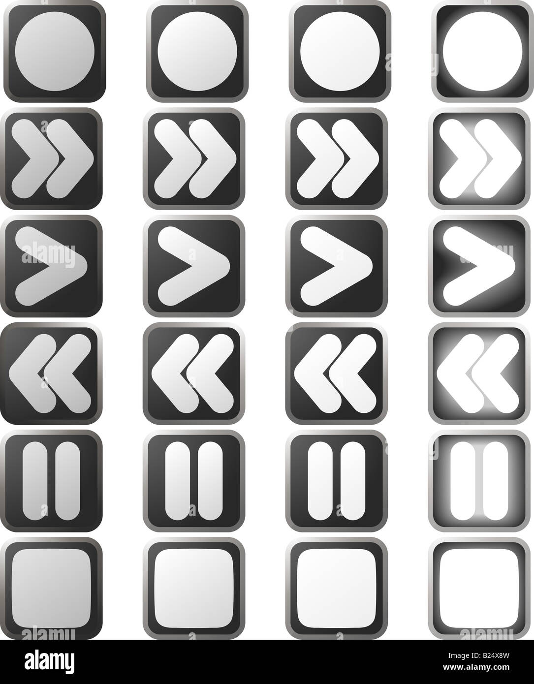A set of white control panel button icons in various rollover state versions Stock Photo