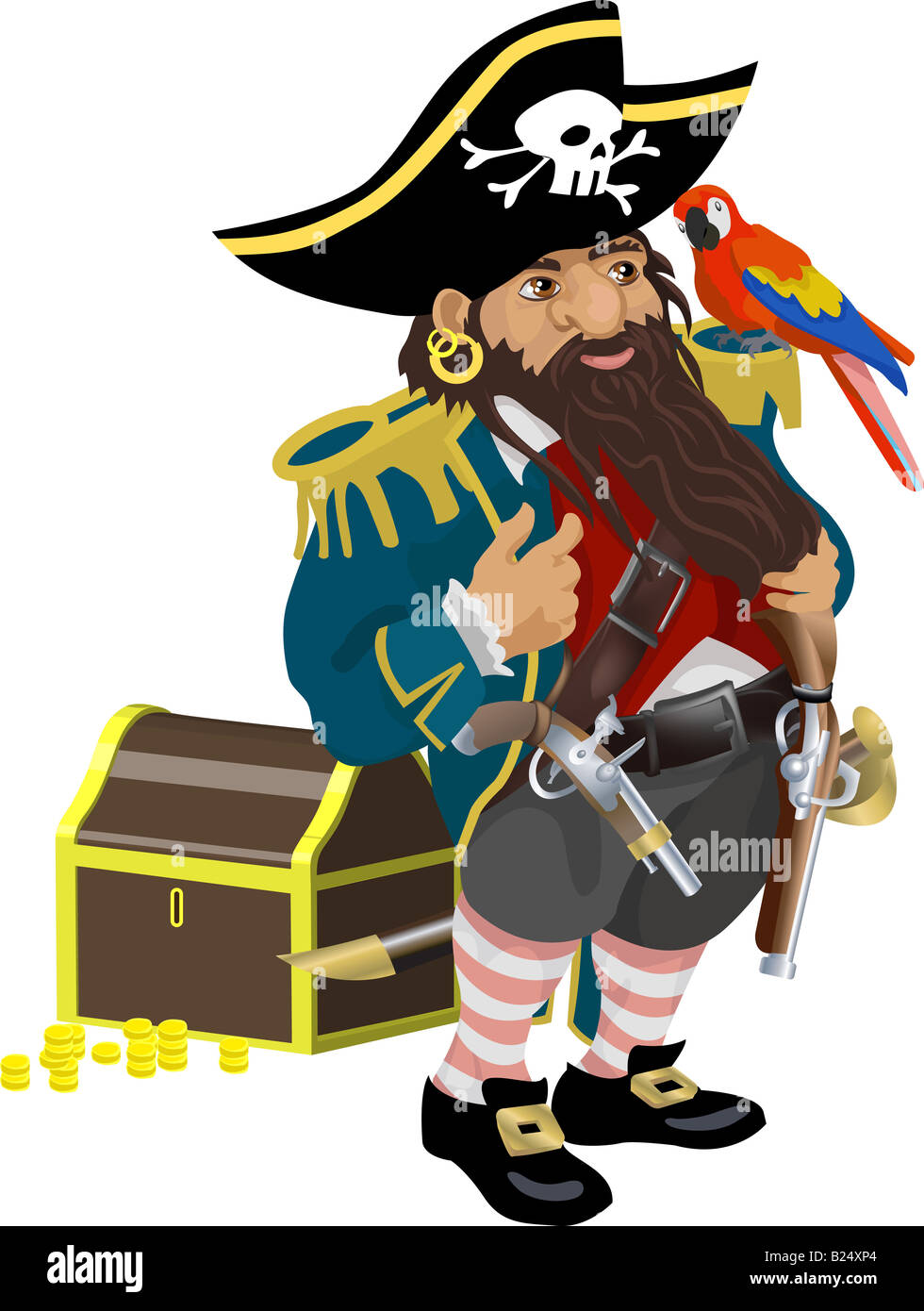 a pirate character with a parrot on his shoulder and a treasure chest Stock Photo