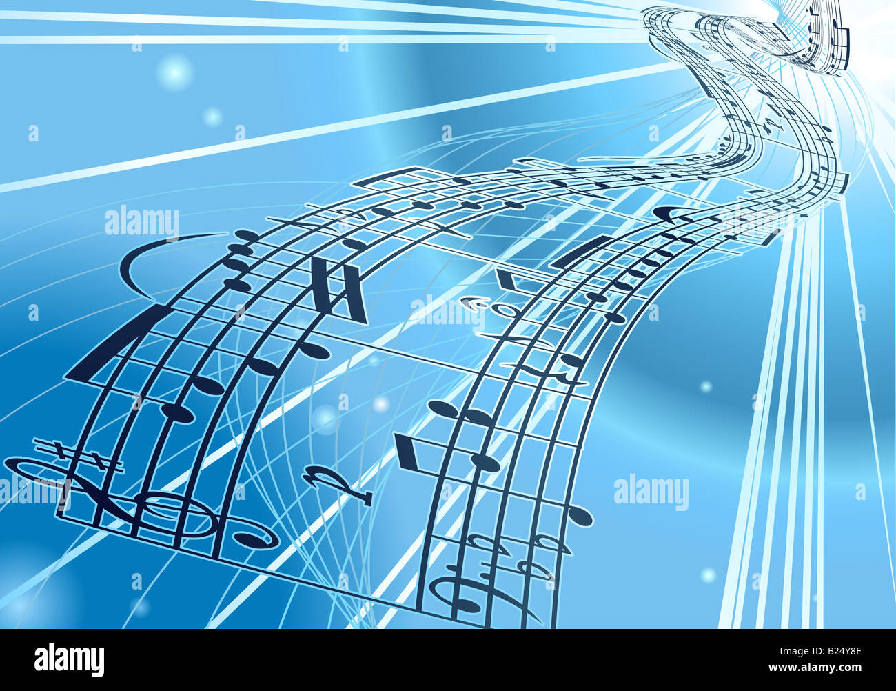 An abstract music notes background with flowing a ribbon of a musical notes score Stock Photo