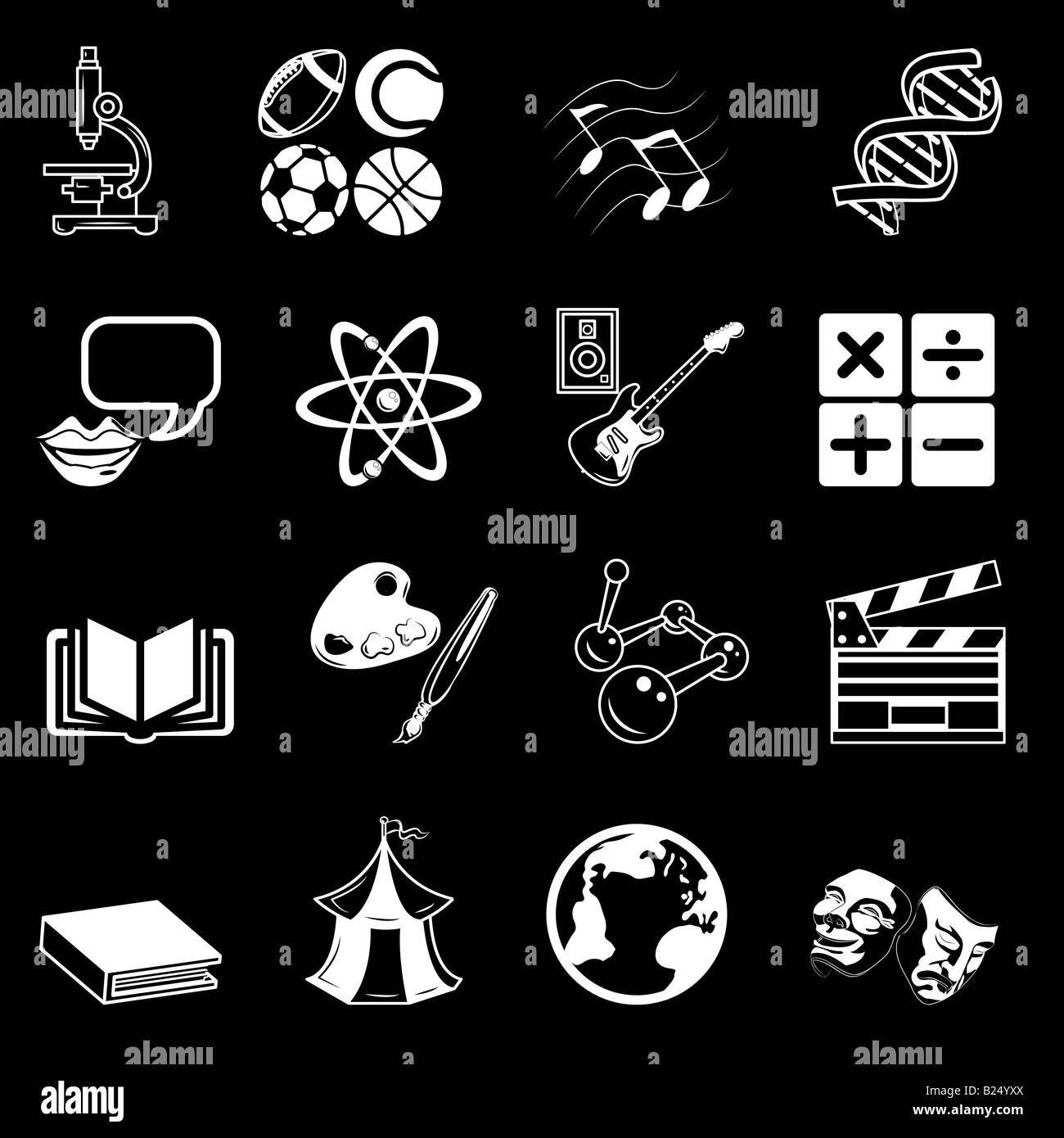 a subject category icon set eg. science, maths, language, literature, history, geography, musical, physical education etc Stock Photo