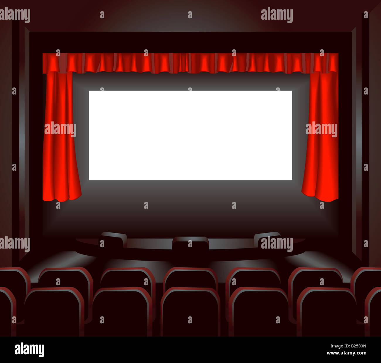 a blank cinema screen lighting up a dark movie theatre for you to place what you like on. Stock Photo
