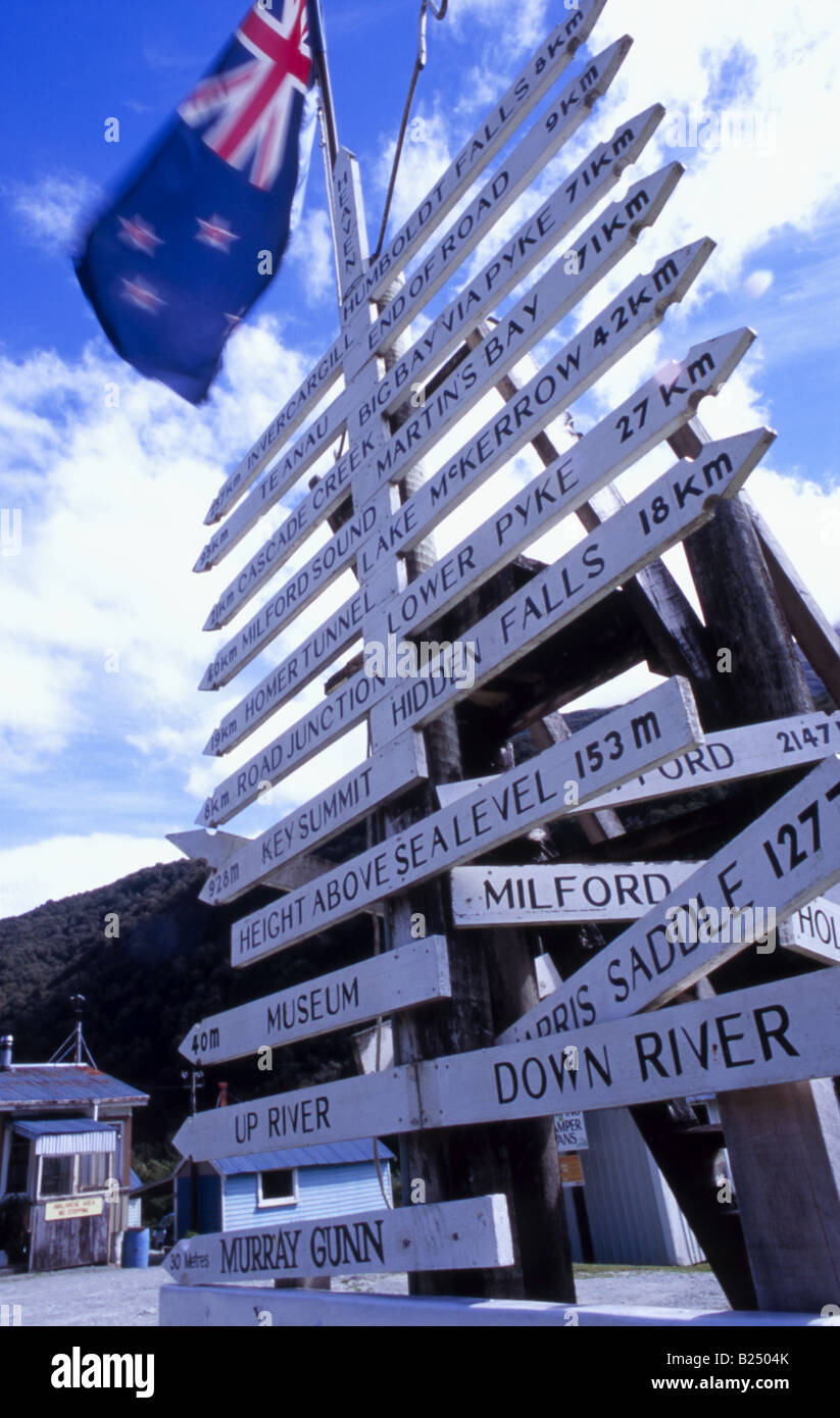 Signage to various locations around Fiordland, Gun's Camp, Hollyford, New Zealand Stock Photo