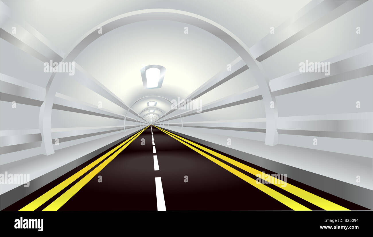 Illustration of perspective view down a road tunnel disappearing into the distance Stock Photo