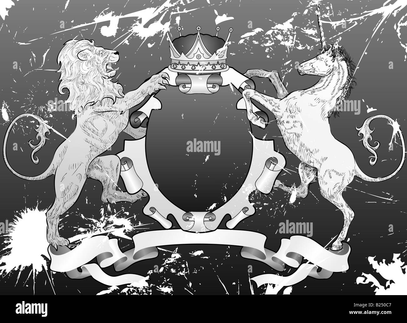 Grunge Lion and Unicorn Shield A grunge shield coat of arms element featuring a lion, unicorn and crown Stock Photo