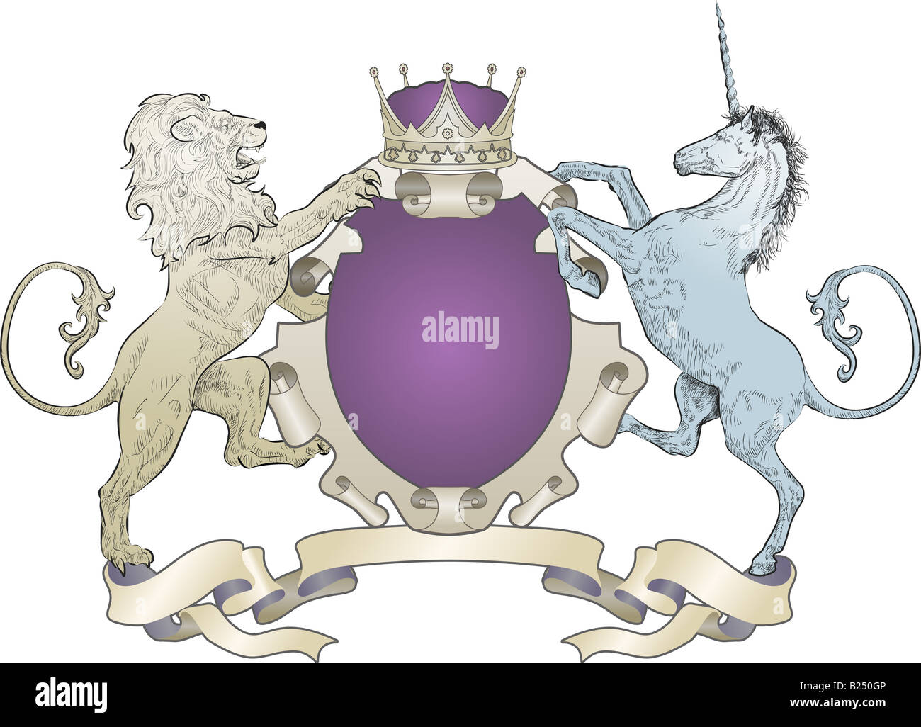 Lion and Unicorn Coat of Arms (no leaves) A shield coat of arms element featuring a lion, unicorn and crown Stock Photo