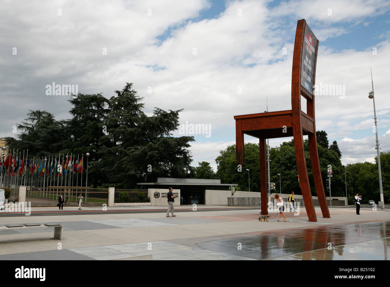 The Broken Chair by Daniel Berset, memorial to the victims of landmines, in front of the United Nations Building, Geneve, Swiss. Stock Photo