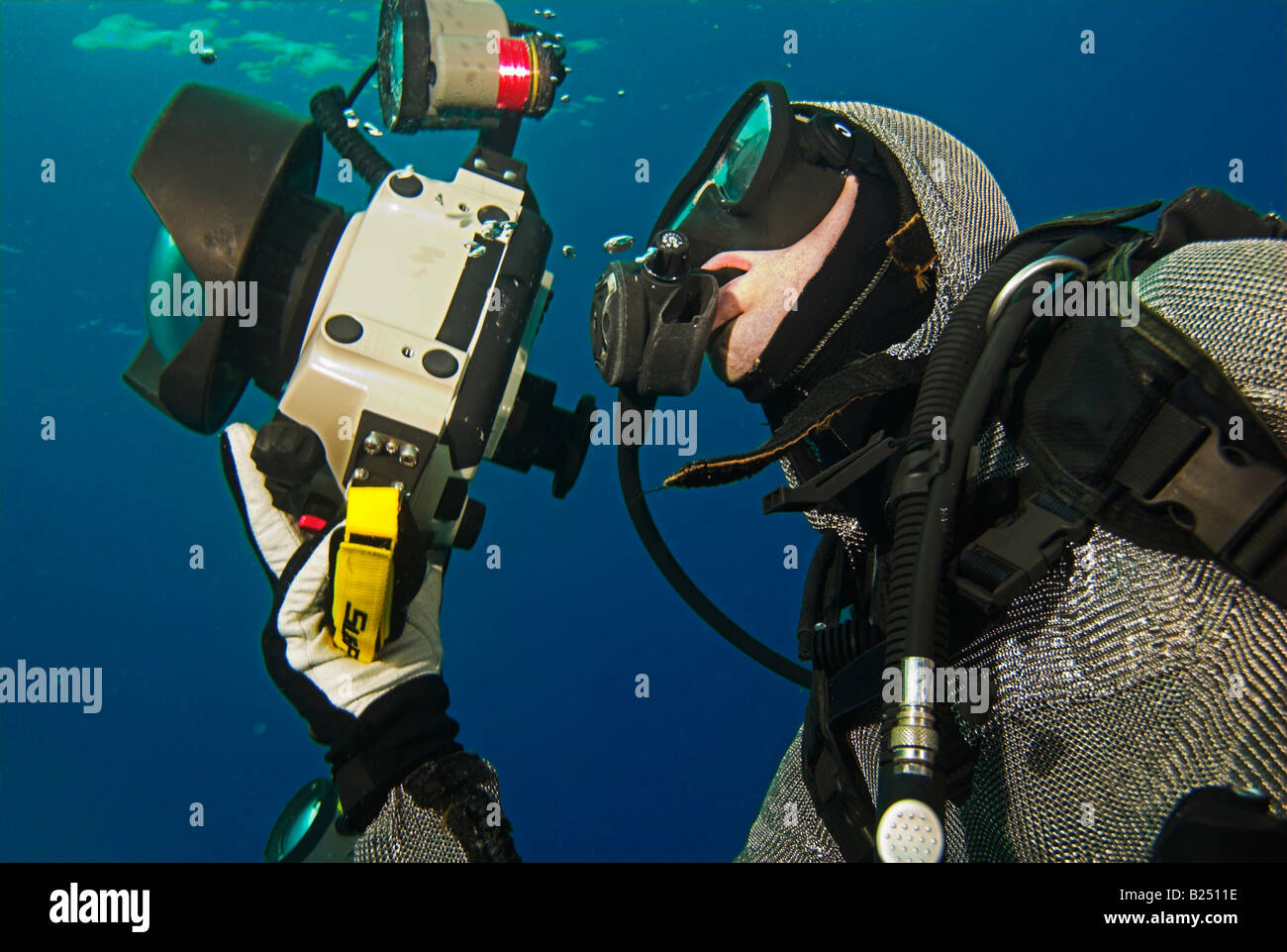 Closeup scuba diver underwater photographer in 'chain mail' 'shark suit' 'Grand Bahama' Stock Photo