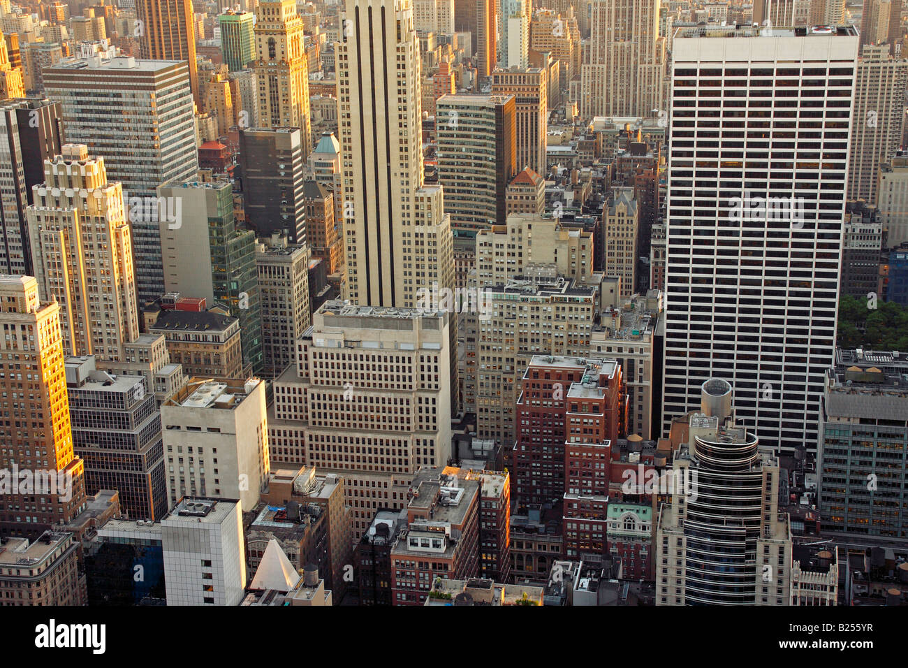 Aerial view of Manhattan cityscape at dusk from the top of the Rockefeller Center - New York City, USA Stock Photo