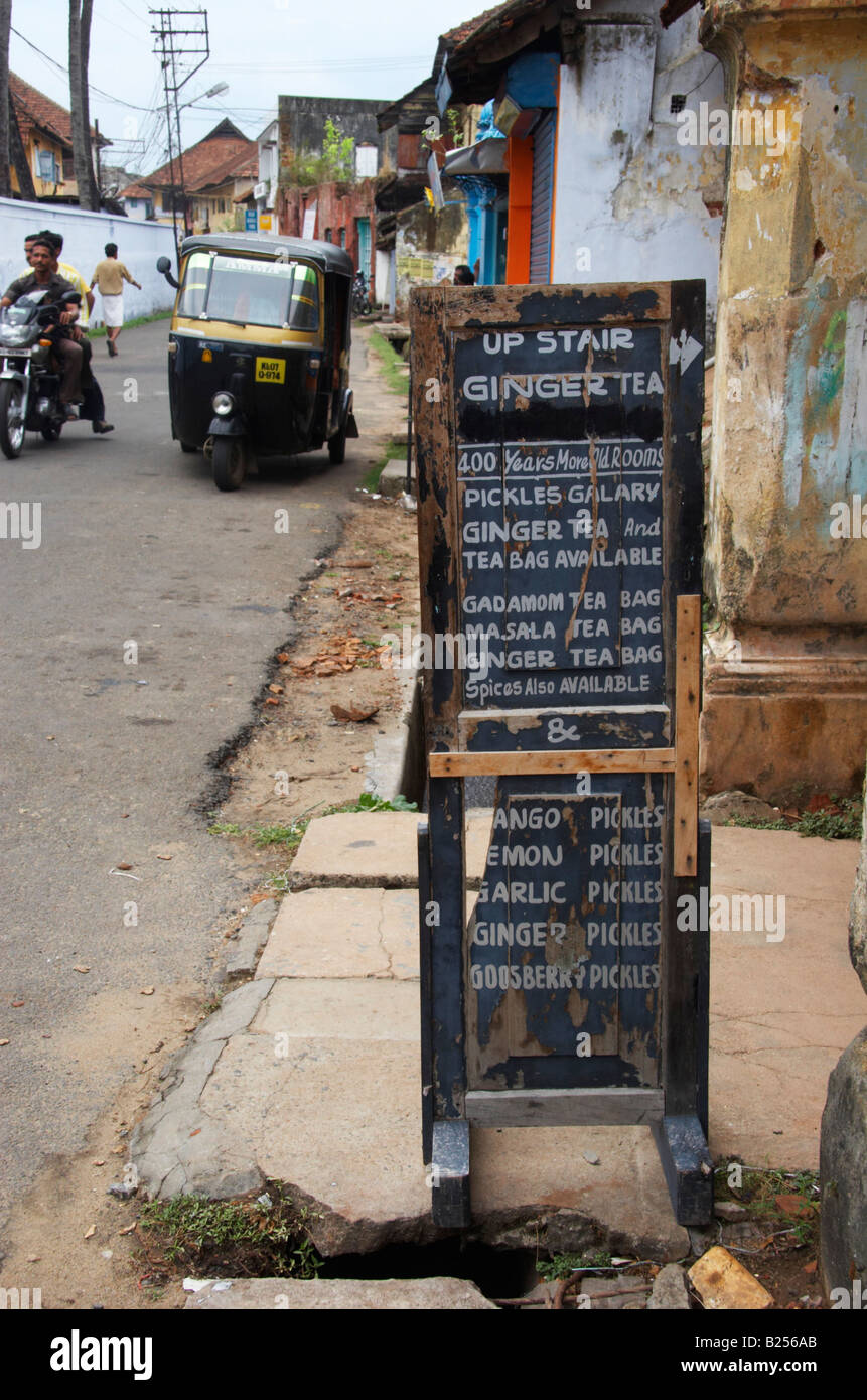 Sign outside shop selling tea spices and pickles Kochi Cochin Kerala India Stock Photo