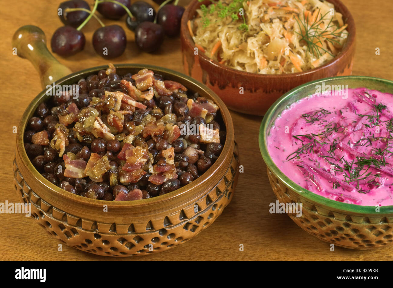 Typical Food Latvia. Grey peas with bacon and borscht Stock Photo Alamy
