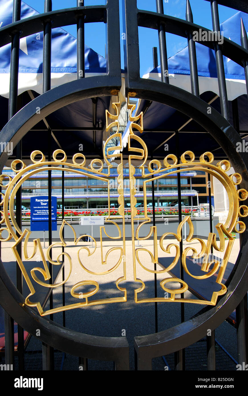Royal Crown emblem on main gate, Ascot Racecourse, Ascot, Berkshire, England, United Kingdom Stock Photo