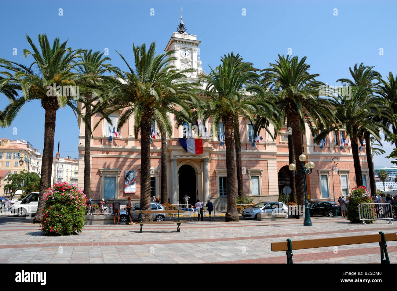 The Pink Town Hall partly hidden behind Palm Trees in Square Foch, Ajaccio Stock Photo