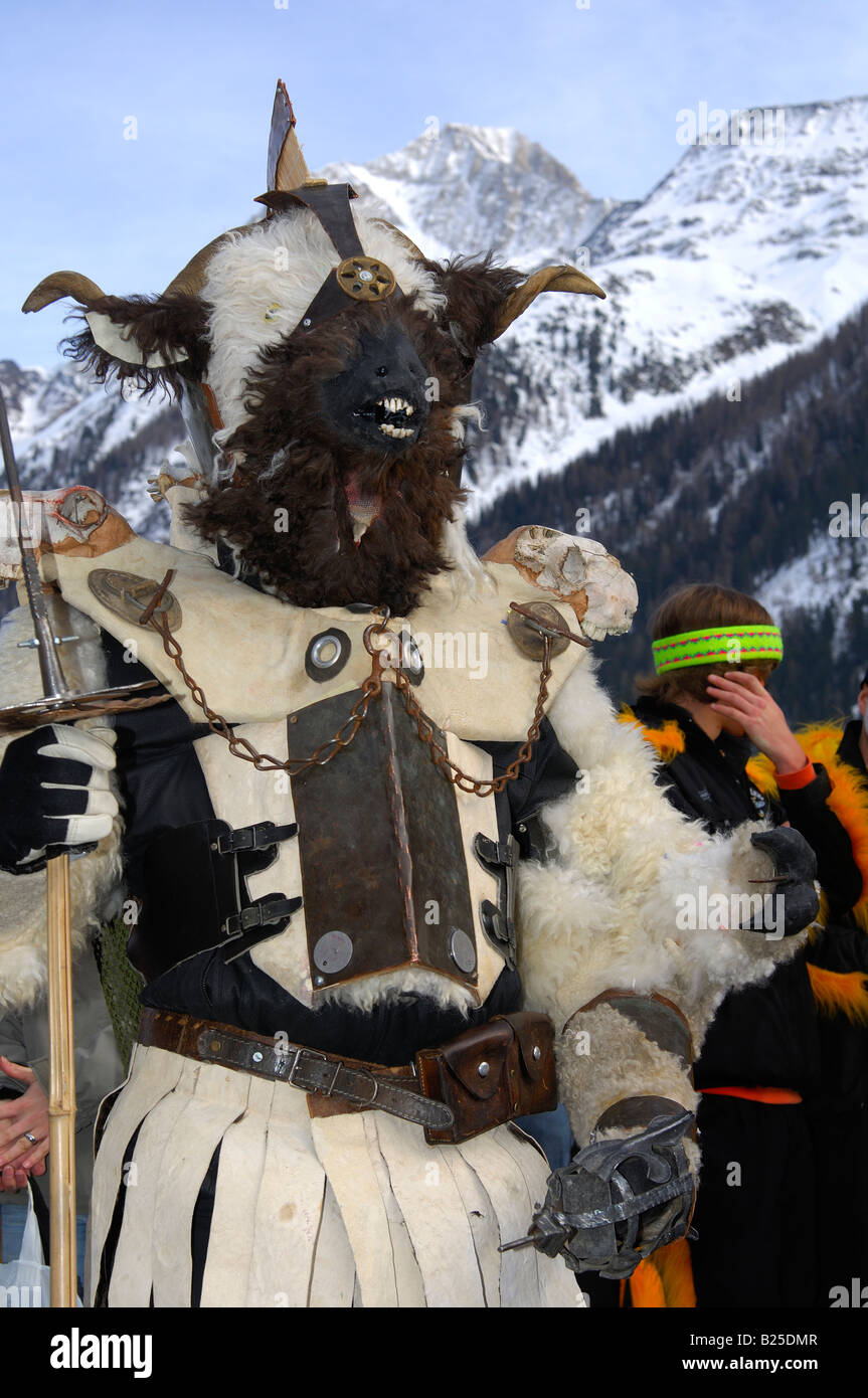 Sheep mask at the parade of the Tschaeggaetae mask bearers, Carnival masks, Wiler, Loetschental, Valais, Switzerland Stock Photo