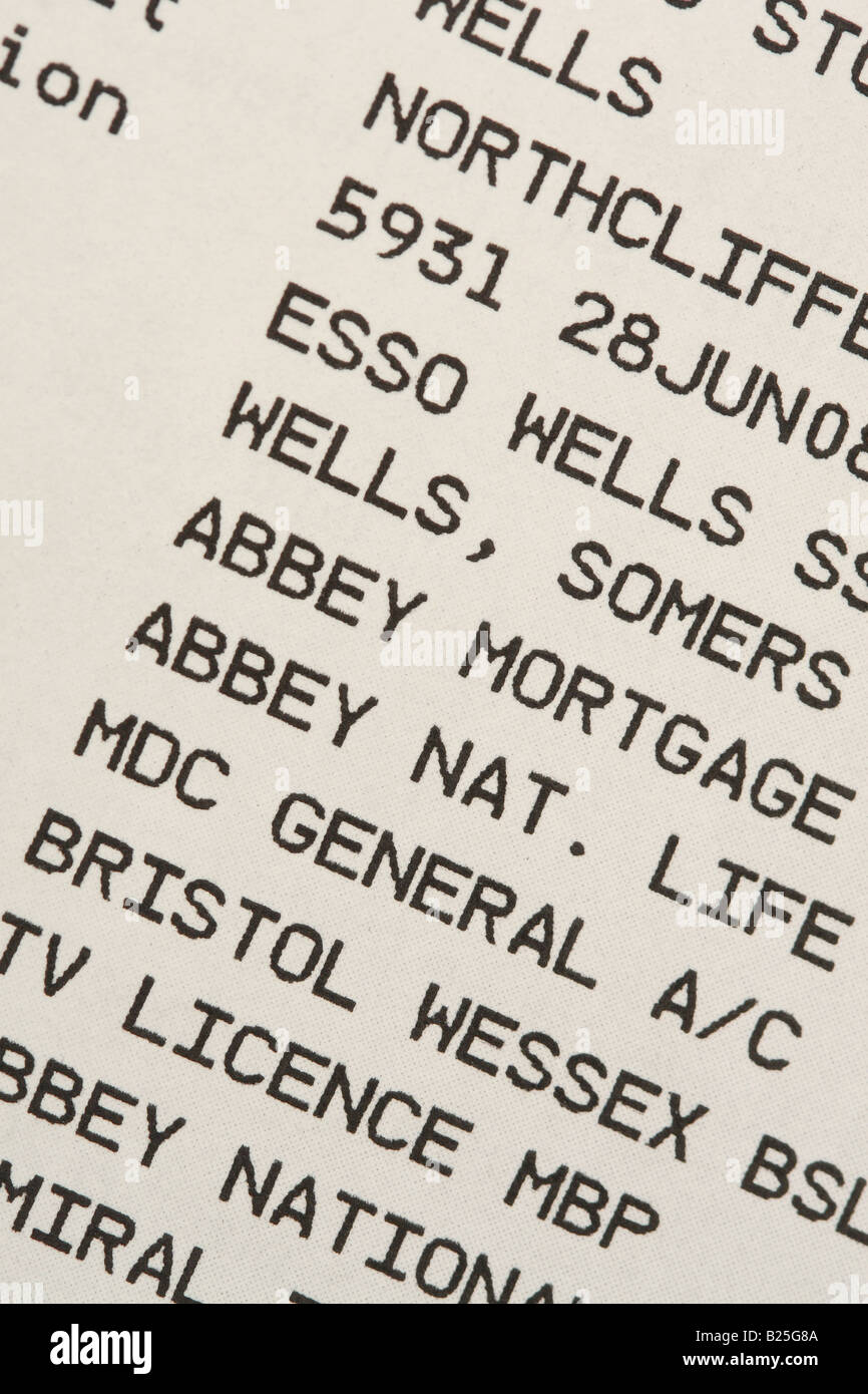 Bank statement withdrawal payment transaction detail Stock Photo