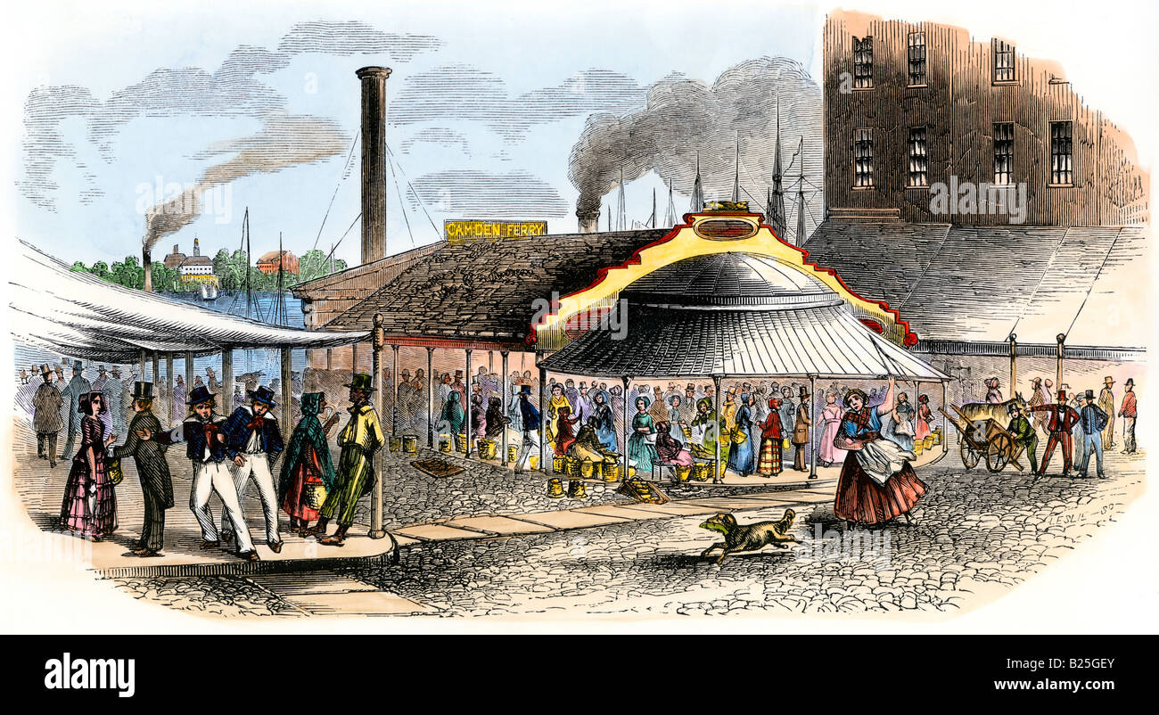 Fish market on the Delaware River in Philadelphia 1850s. Hand-colored woodcut Stock Photo