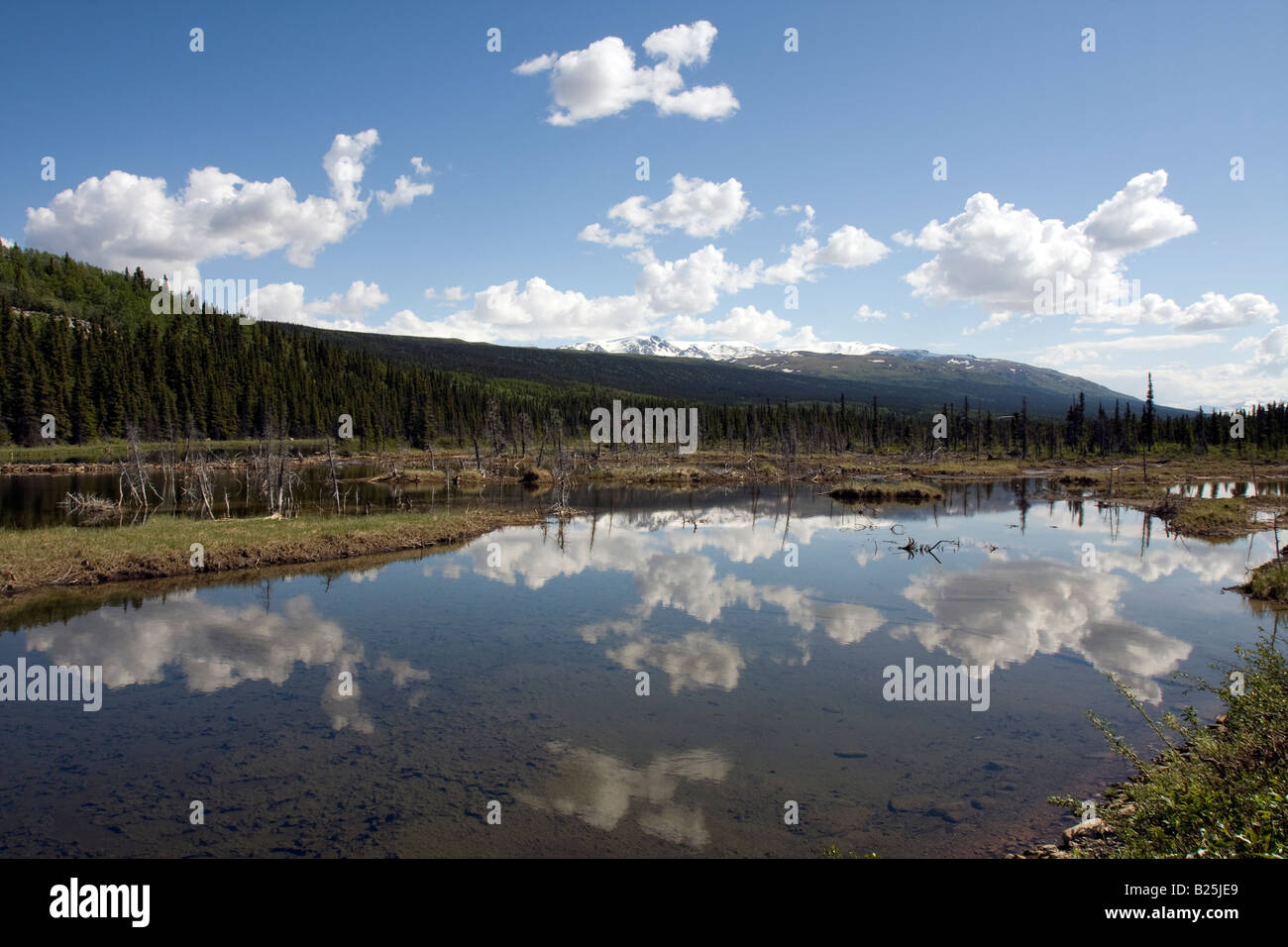 Clouds reflecting in a mirror like lake on Richardson highway, Alaska Stock Photo