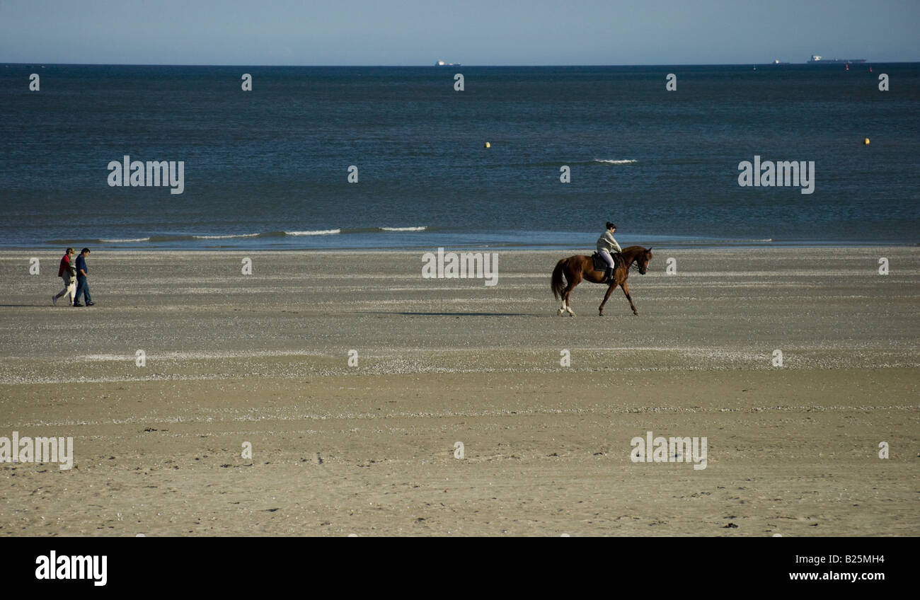Single horse rider and two pedestrians on La Baule beach, Brittany, France, Europe Stock Photo