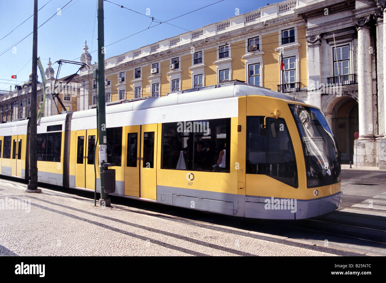 Modern Tram, Praca do Comercio Square, Lisbon, Portugal Stock Photo