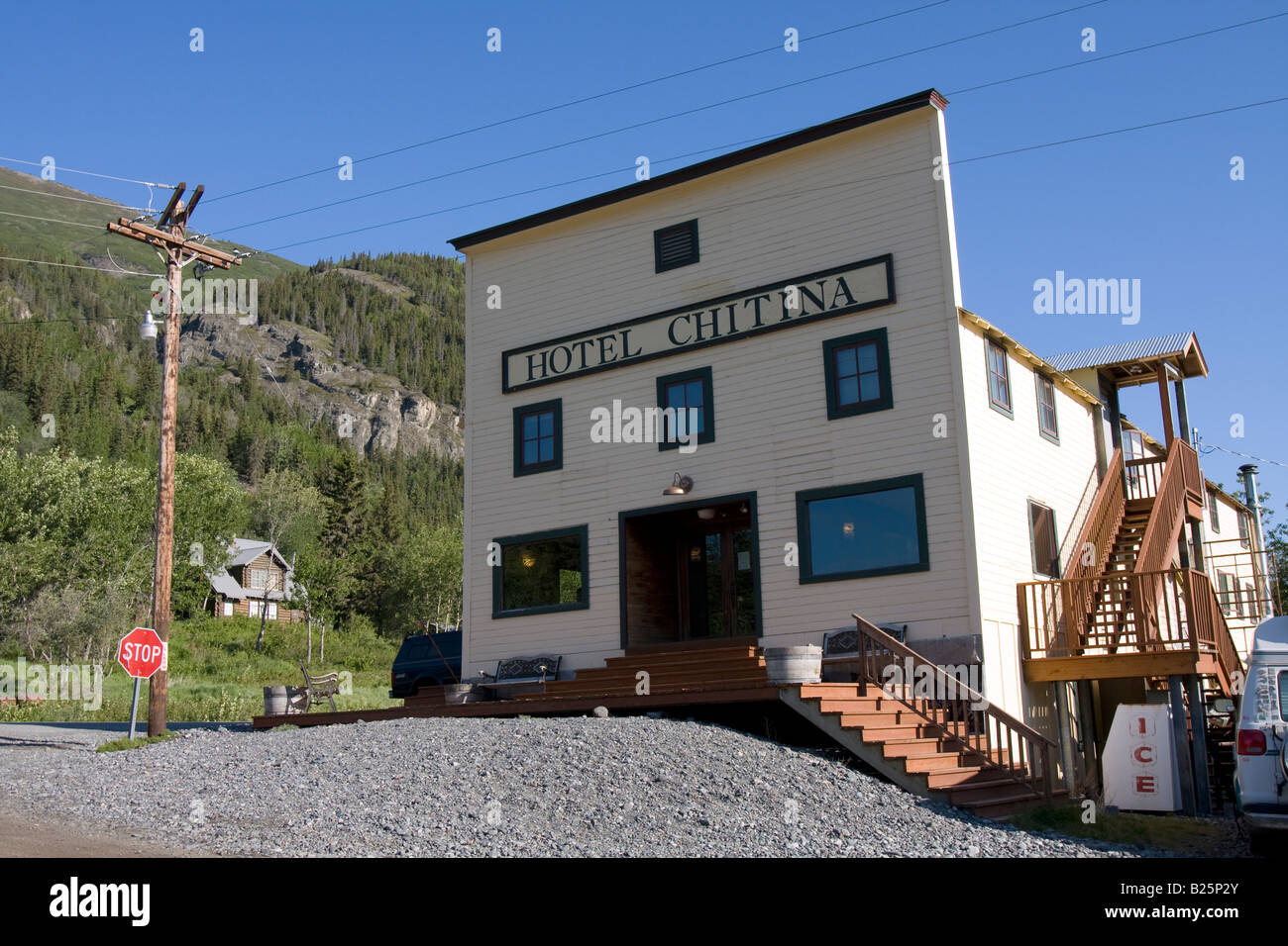 Hotel front in Chitina, Historic mining town of Chitina, Wrangell / St Elias, Alaska, USA Stock