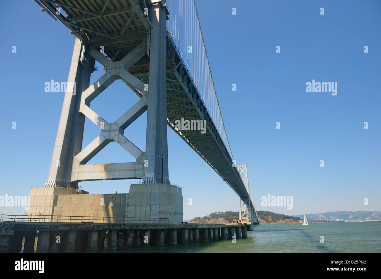 San Francisco Bay Bridge from underneath shooting up at bridge Stock