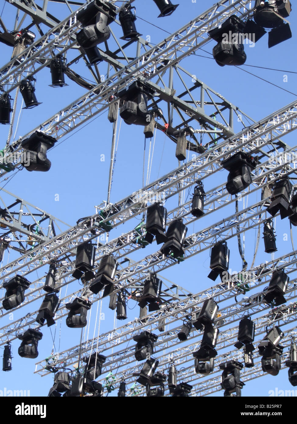 loud speakers and lighting set up on concert stage Stock Photo Alamy