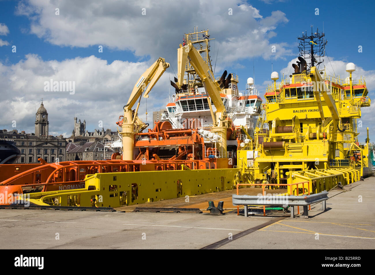 Platform Supply Service Vessels for North Sea Oil Rigs moored at Aberdeen City Harbour, Scotland