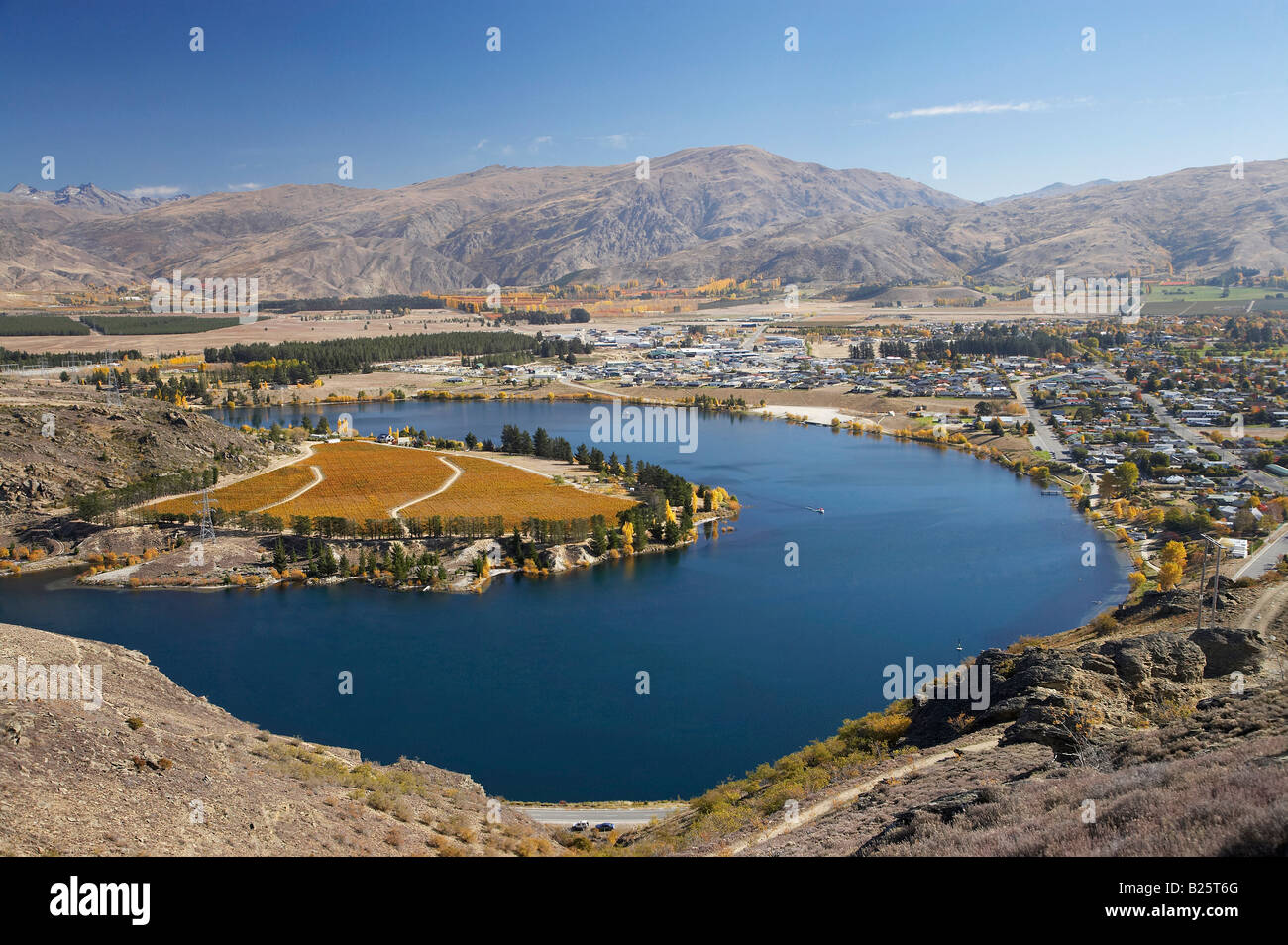 Cornish Point Vineyard and Lake Dunstan Cromwell Central Otago South Island New Zealand Stock Photo