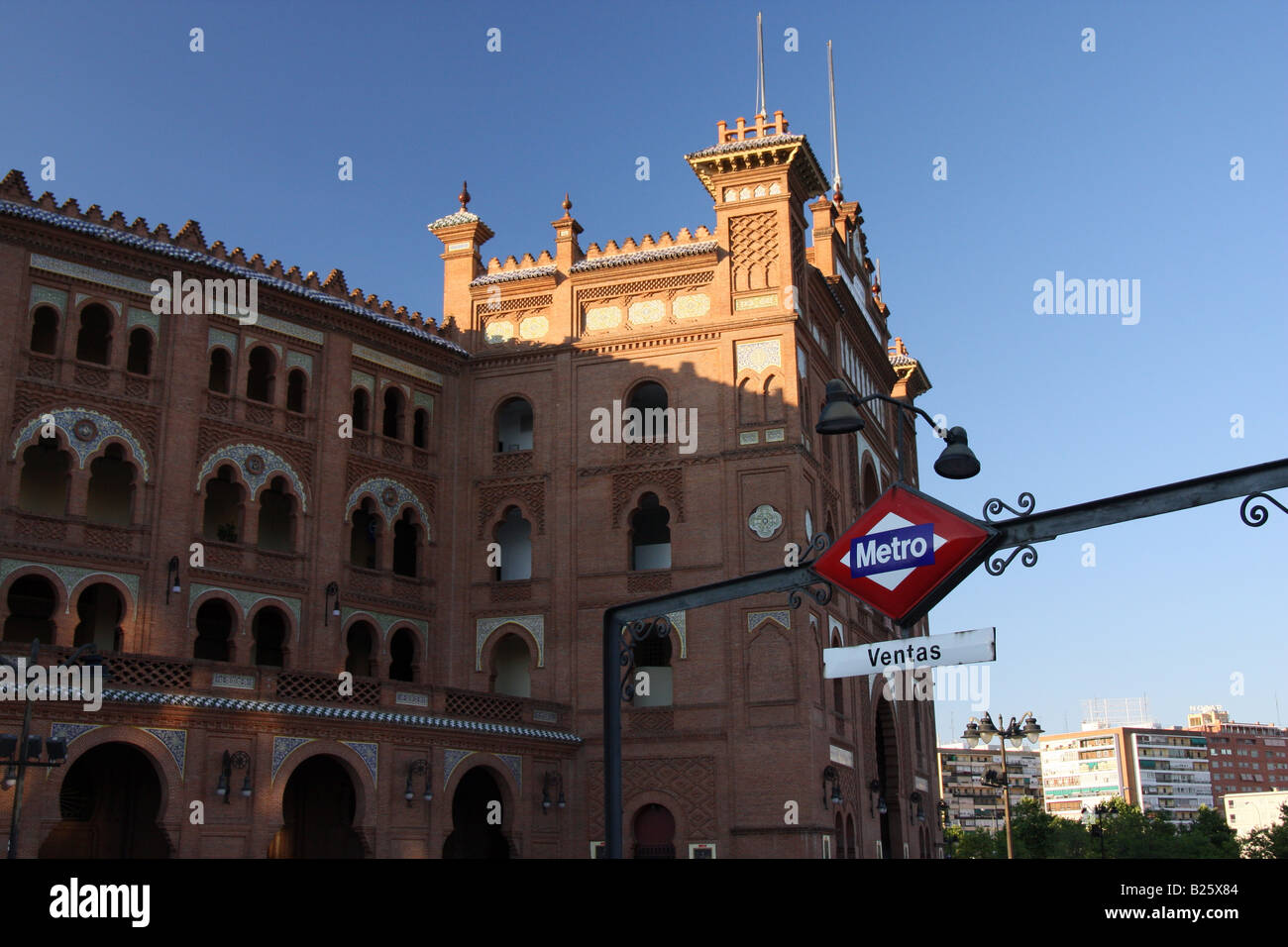 Las Ventas metro station with Las Ventas bullring in the background Stock Photo