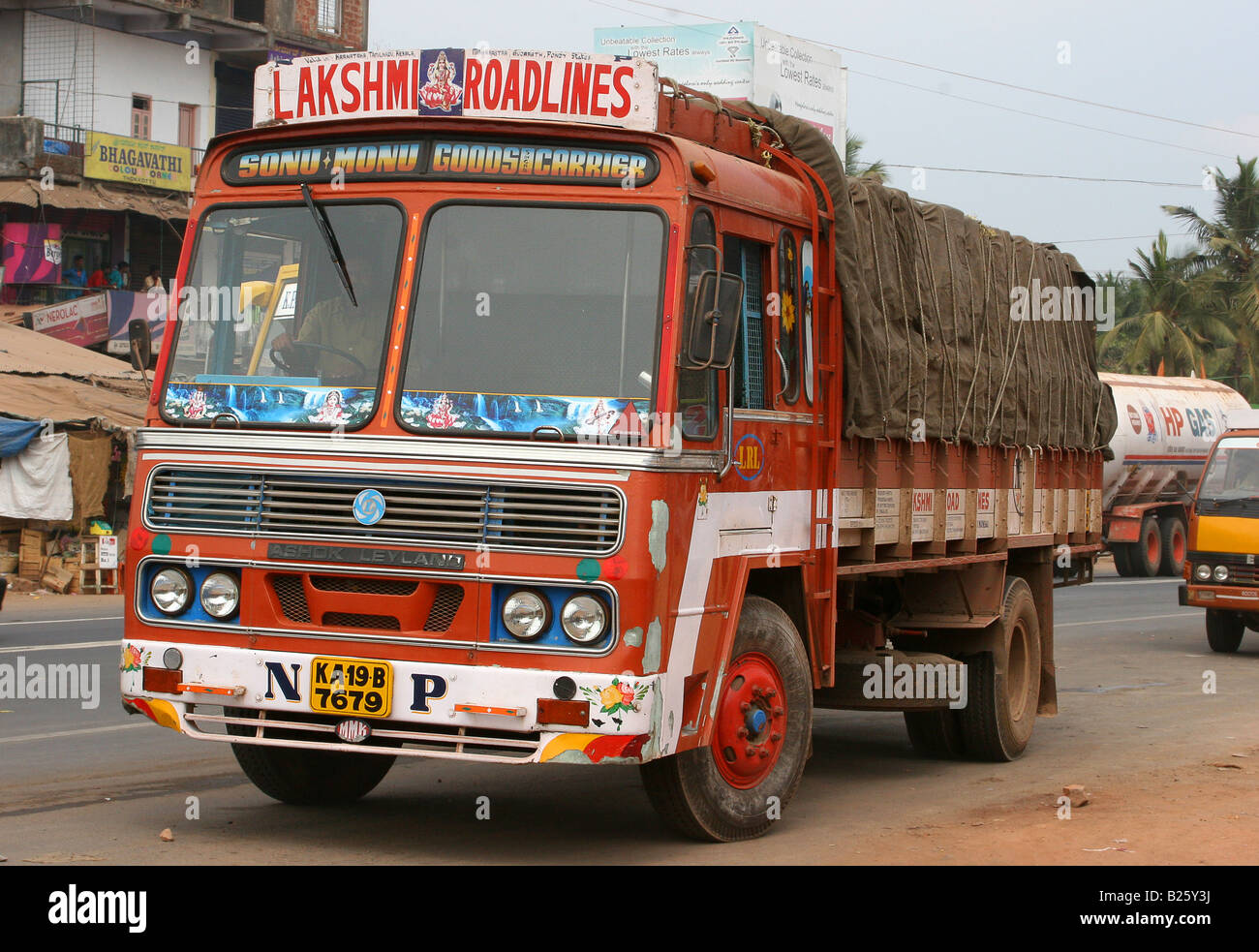 Ashok Leyland truck travels through Thokkottu on the National Highway NH17 near Mangalore Karnataka India Stock Photo