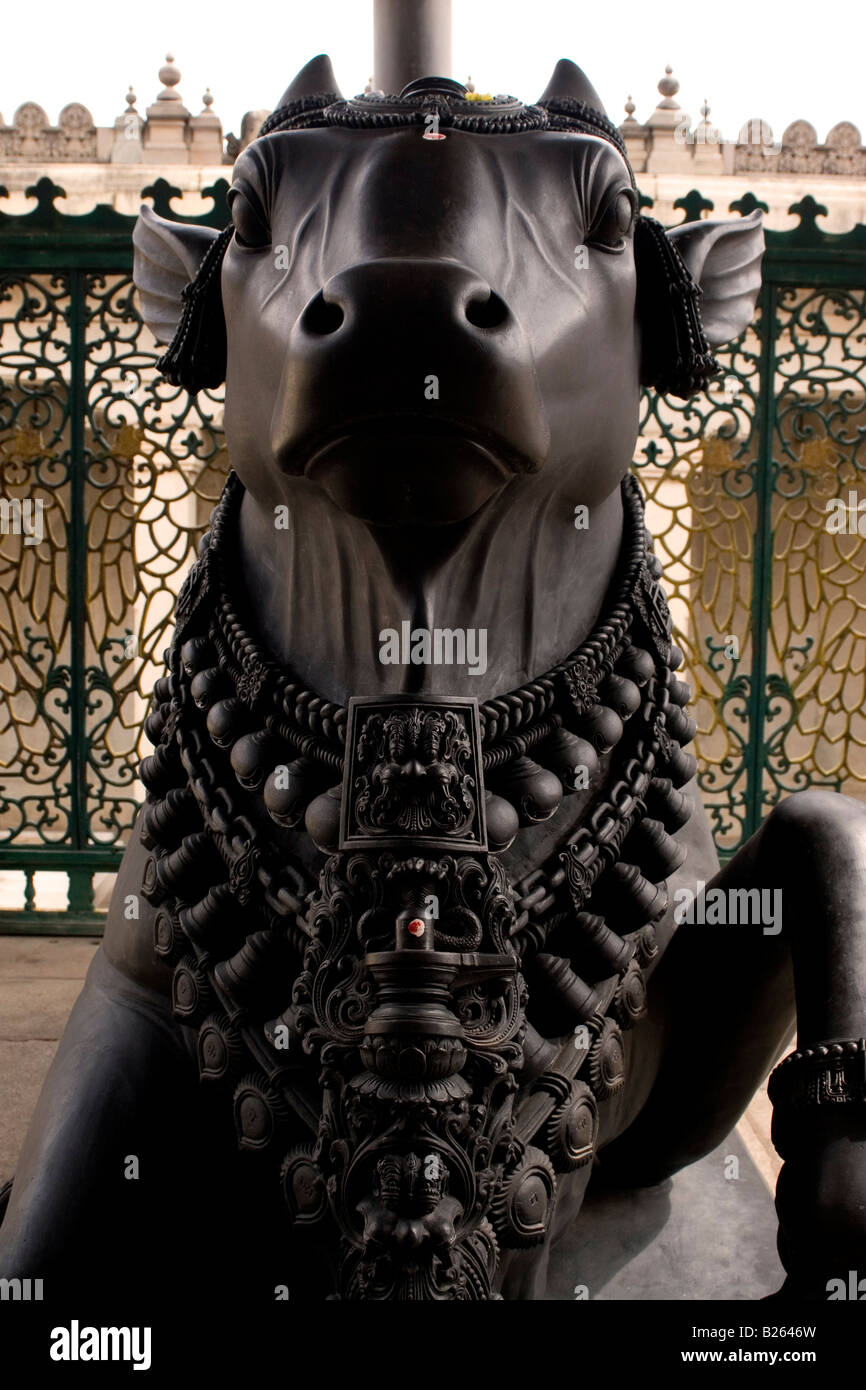 A stone statue of Nandi the Bull in the Kamakameshwari Temple in Mysore