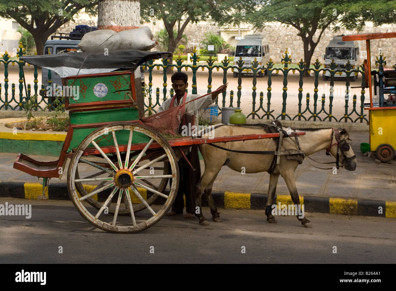 A man prepares his horse drawn cart in Mysore. This type of cart is known as a tanga or sometimes tango. Stock Photo