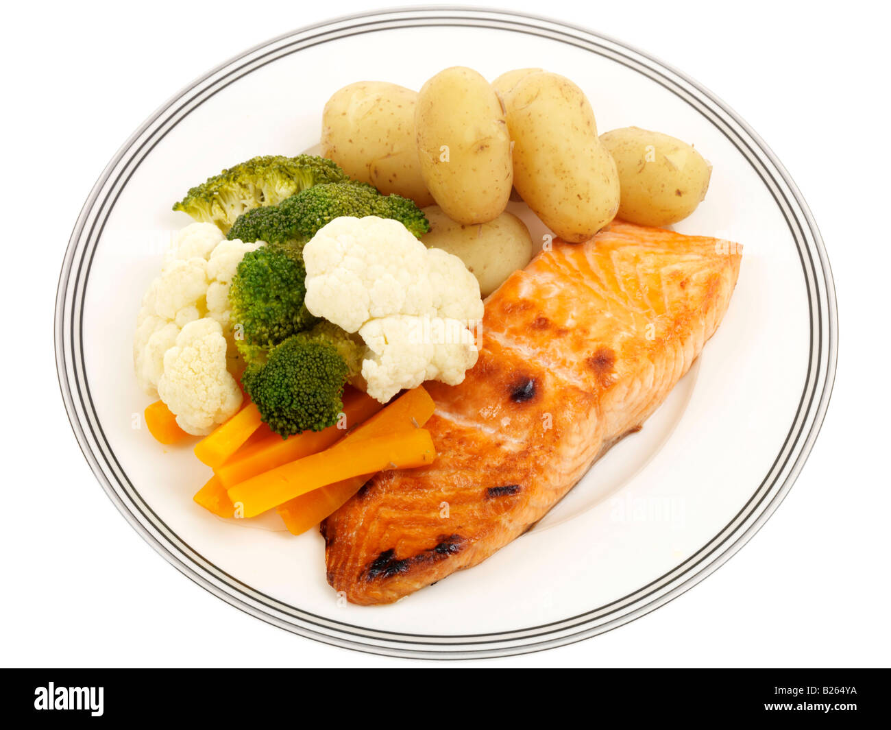 Grilled Salmon Steak with Steamed Vegetables Stock Photo - Alamy