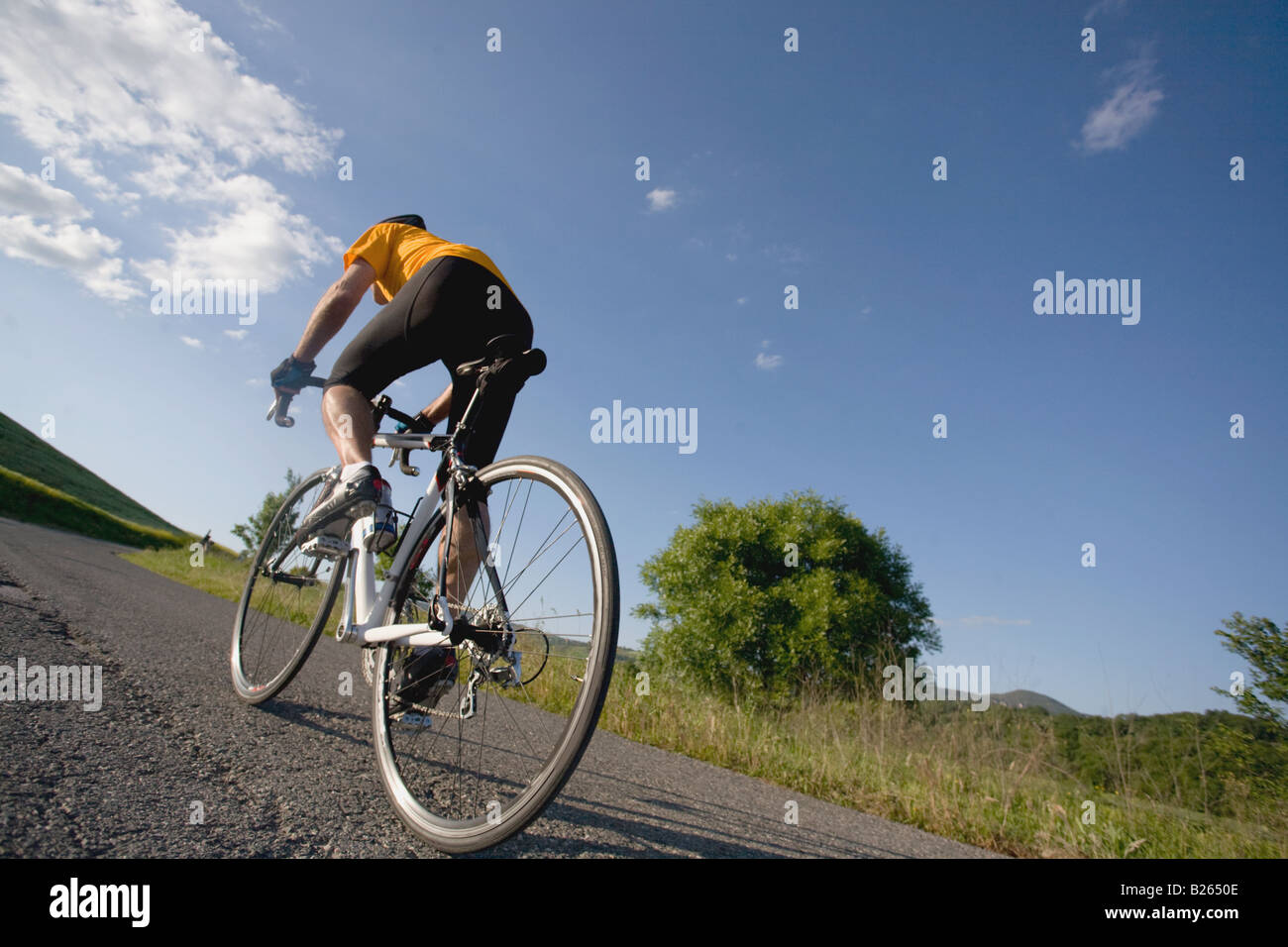 Rear view of a man riding bike Stock Photo