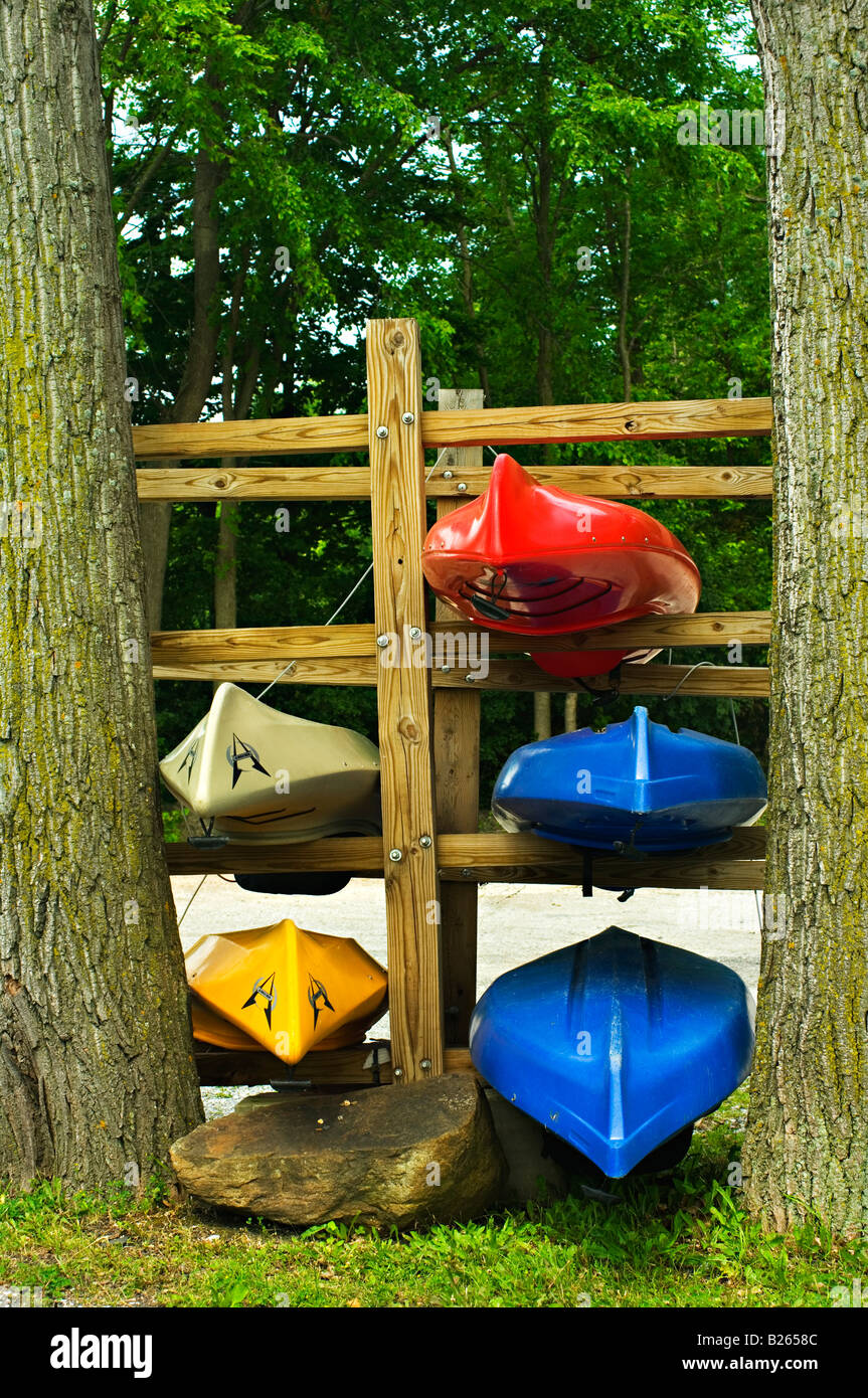 kayak hangers storage on Kayaks Stored On A Rack Built Between Two Trees In Grand Isle Vermont Stock Photo Alamy