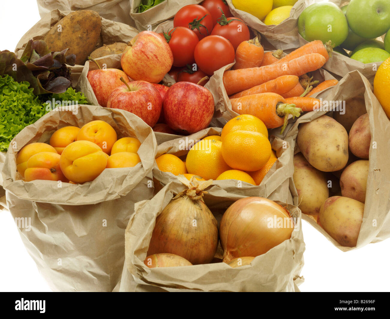 Selection Of Fresh Healthy Natural Fruit and Vegetables In Brown Paper ...