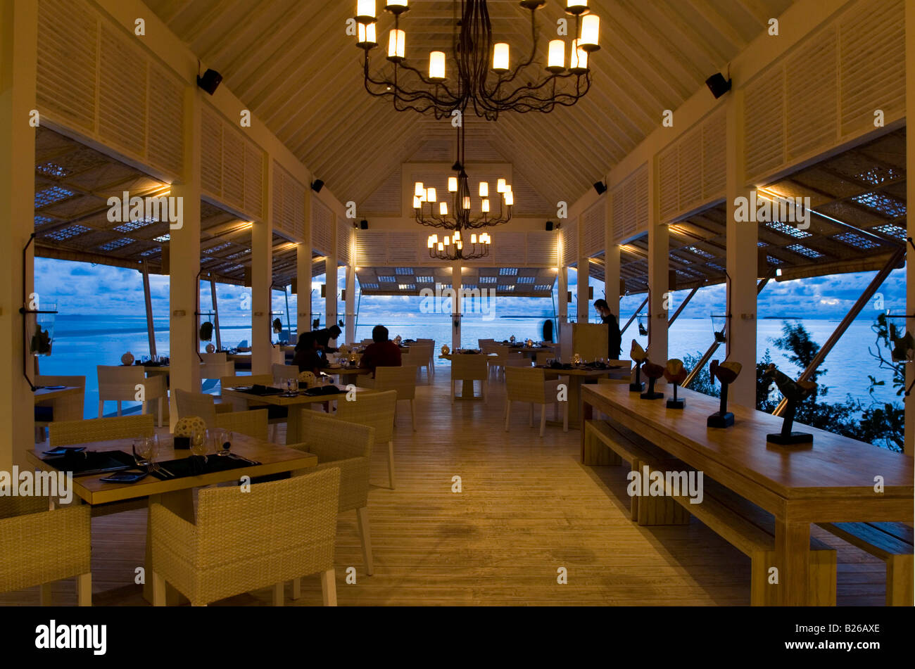 Blu restaurant in the evening light, Four Seasons Resort Landaa Giraavaru, Maldives Stock Photo