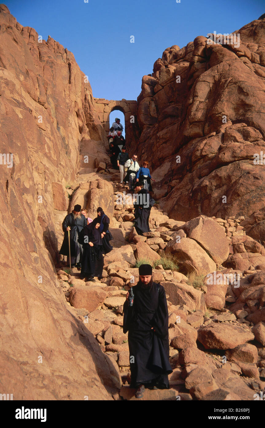 Russian Othodox monks on a pilgrimage to the Moses' Mountain, Mount Sinai, Sinai, Egypt, Africa Stock Photo