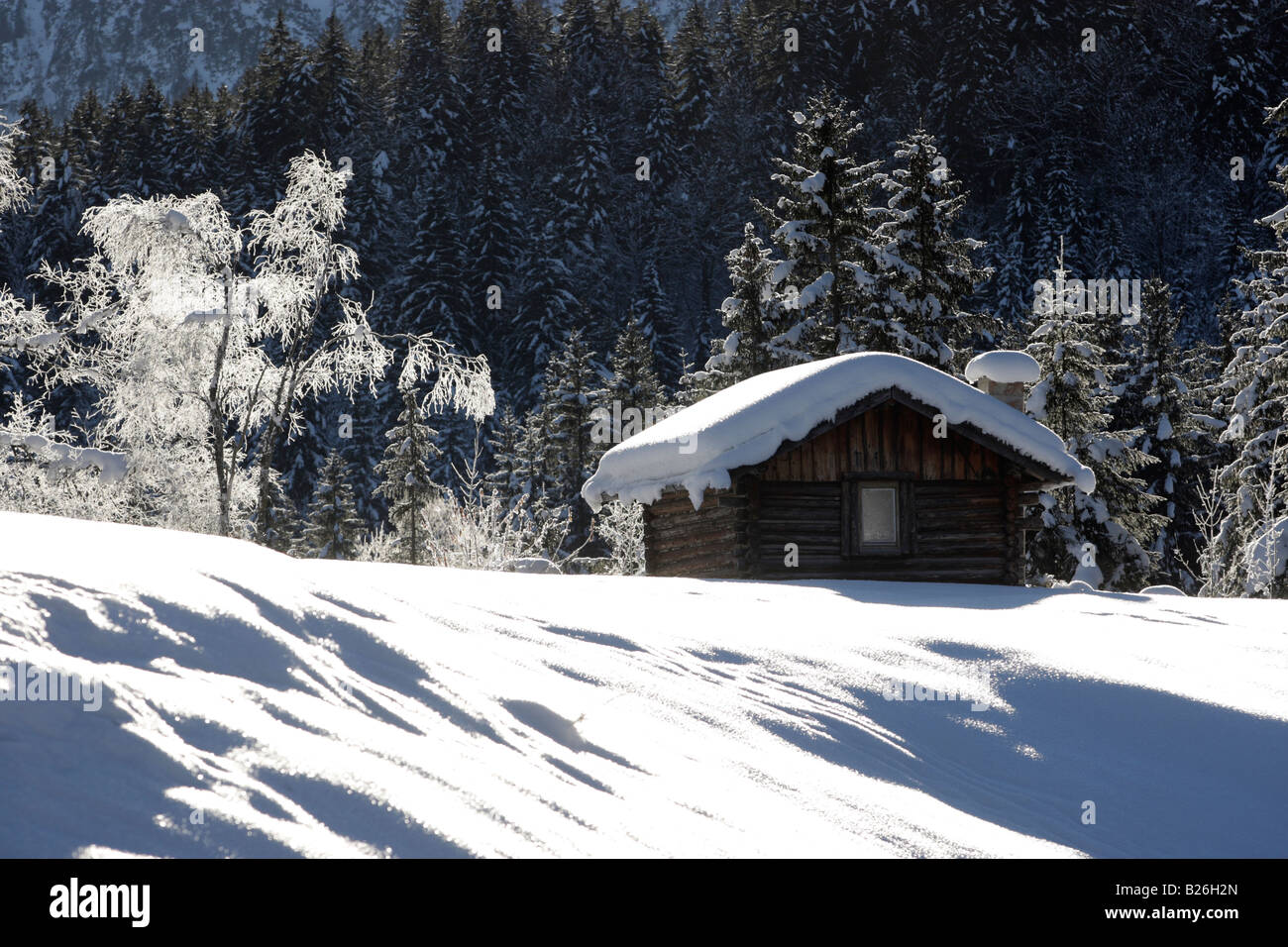 Snow covered hut  in the Wetterstein mountains in Bavaria,Germany Stock Photo