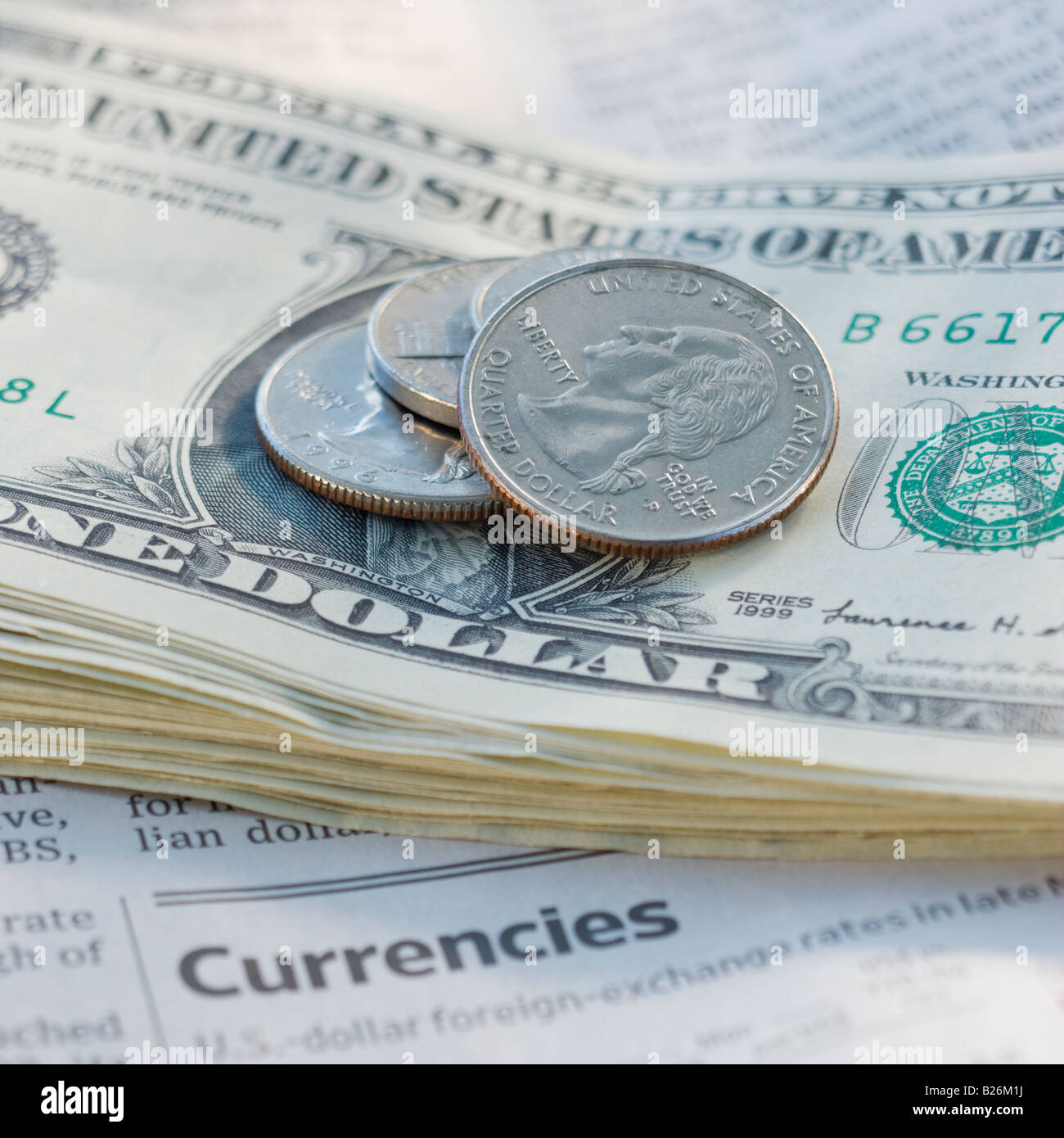 Close up of coins and paper money Stock Photo