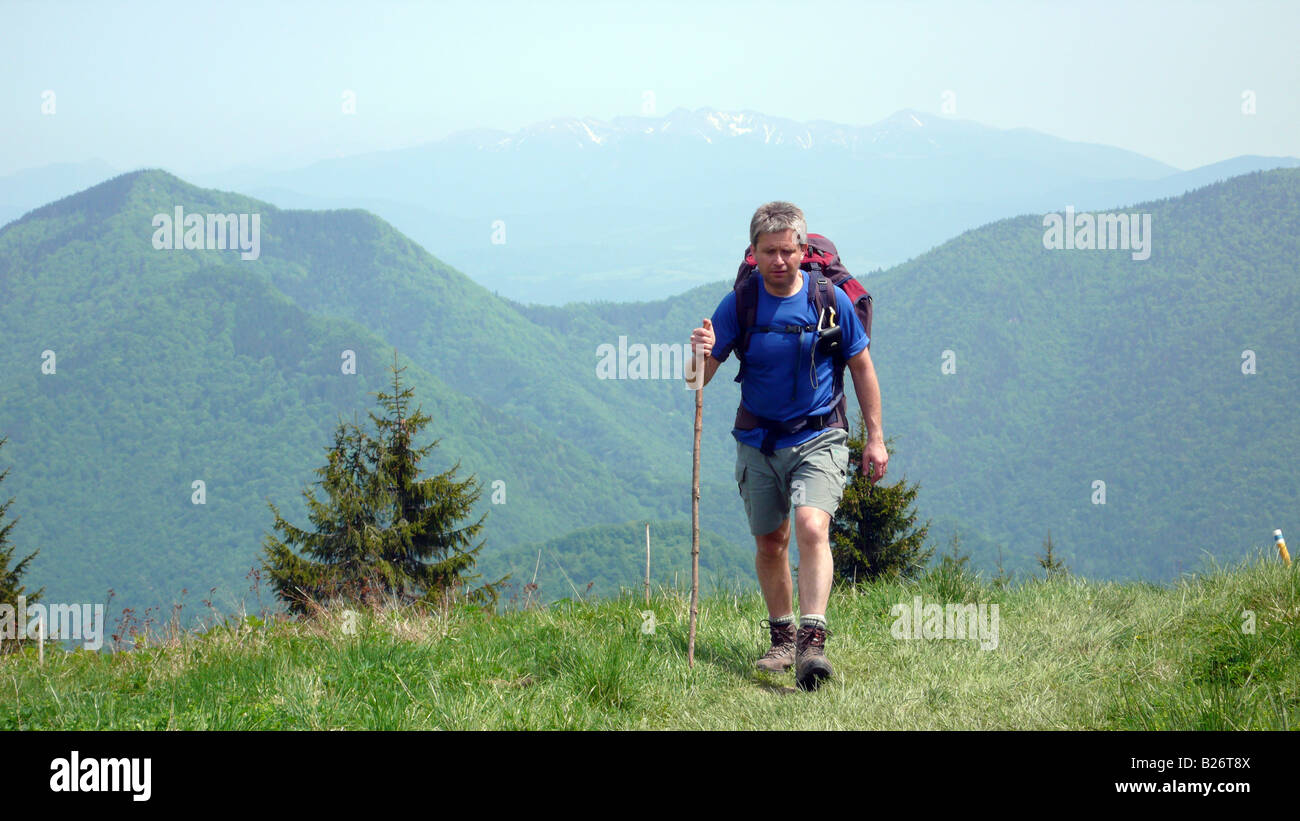 Walking over sedlo Medzirozsutce in Slovakia's Mala Fatra Mountains. Stock Photo