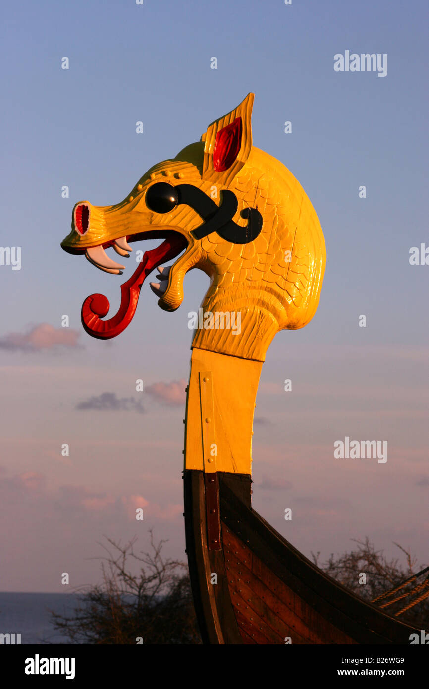 Dragon head prow of Danish Viking ship ‘Hugin’ at Pegwell Bay Ramsgate Kent Stock Photo