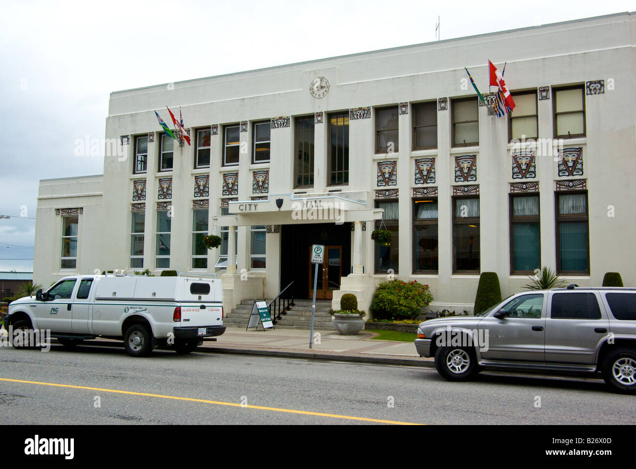 City hall building in Prince Rupert with its native eagle crest copper