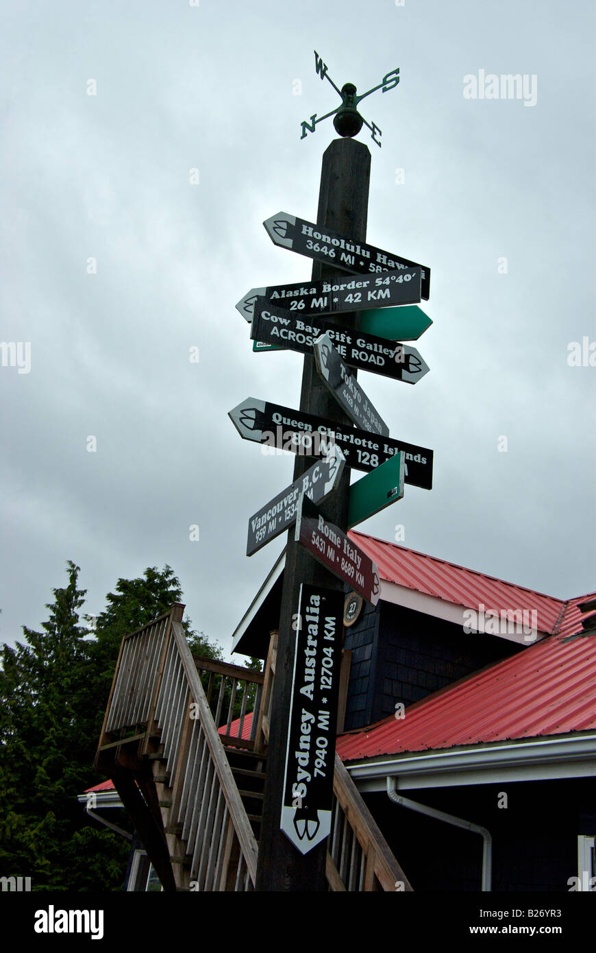 British Distance Post Direction and distance signpost in Cow Bay in Prince Rupert british ...